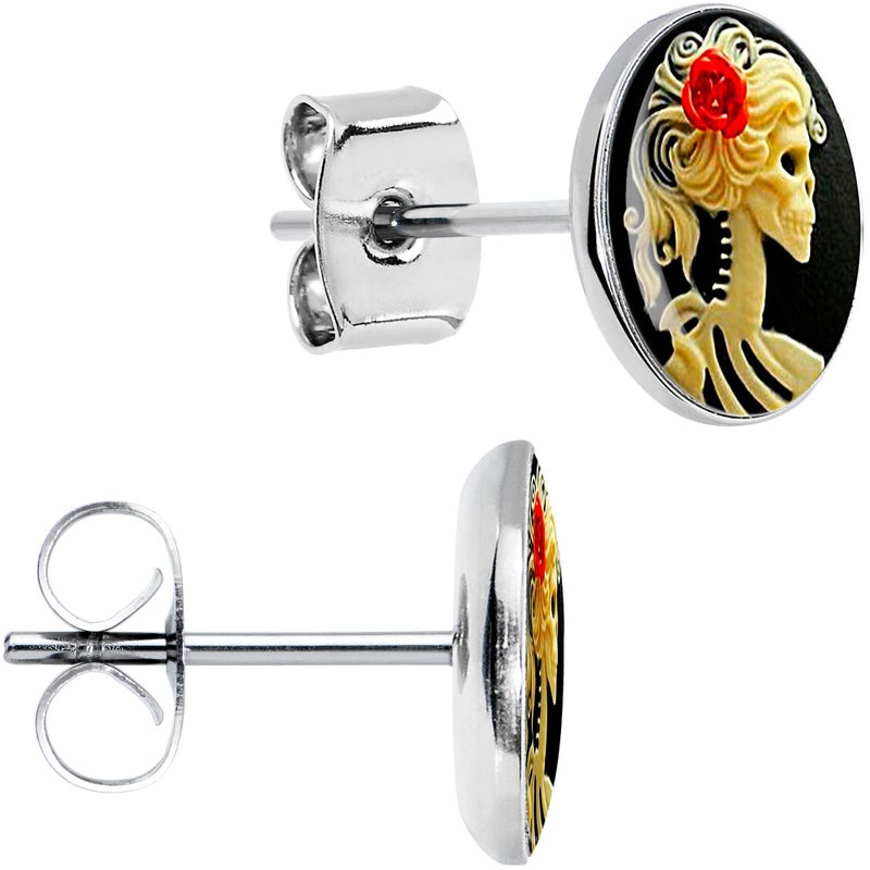 Body Candy Red Rose Skull Skeleton Stud Earrings - Stainless Steel Earrings for Halloween, Day of the Dead - Image 5